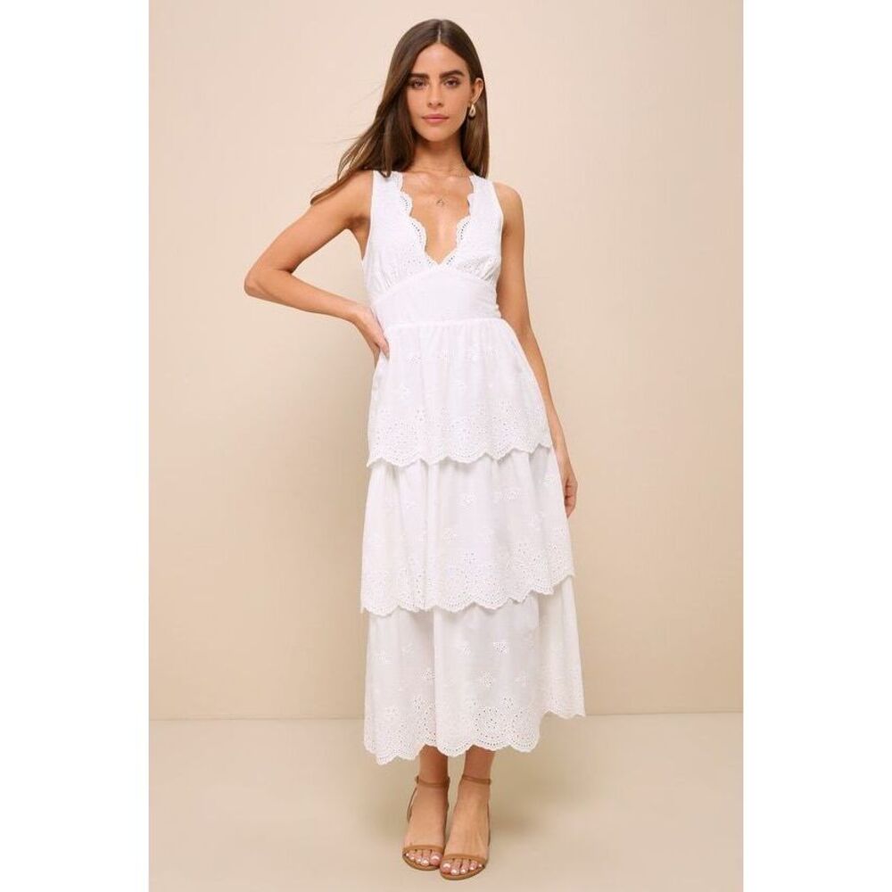 Lulus Sunshine Selection White Eyelet Embroidered Tiered Midi Dress - Size S
